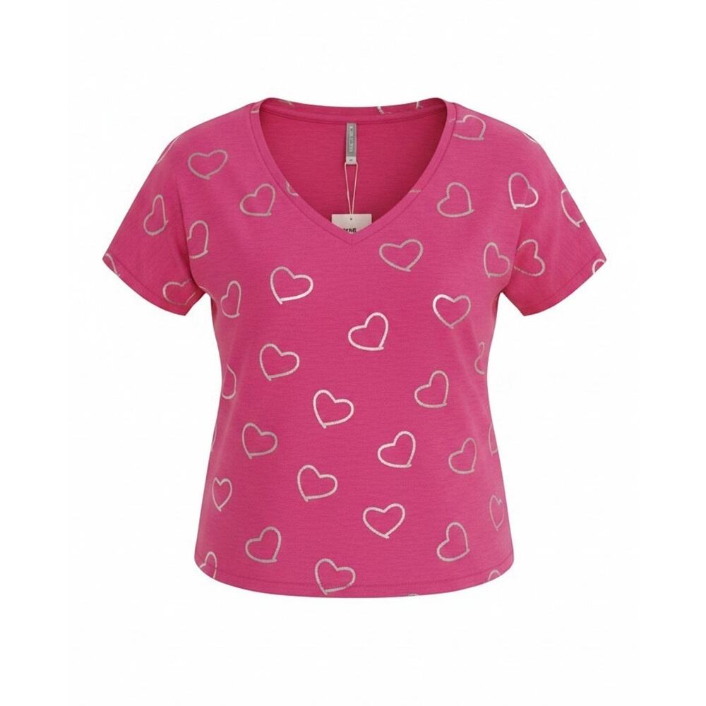 NWT Noracora Womens V-Neck Hot Pink with Silver Hearts Blouse Top Sz: L